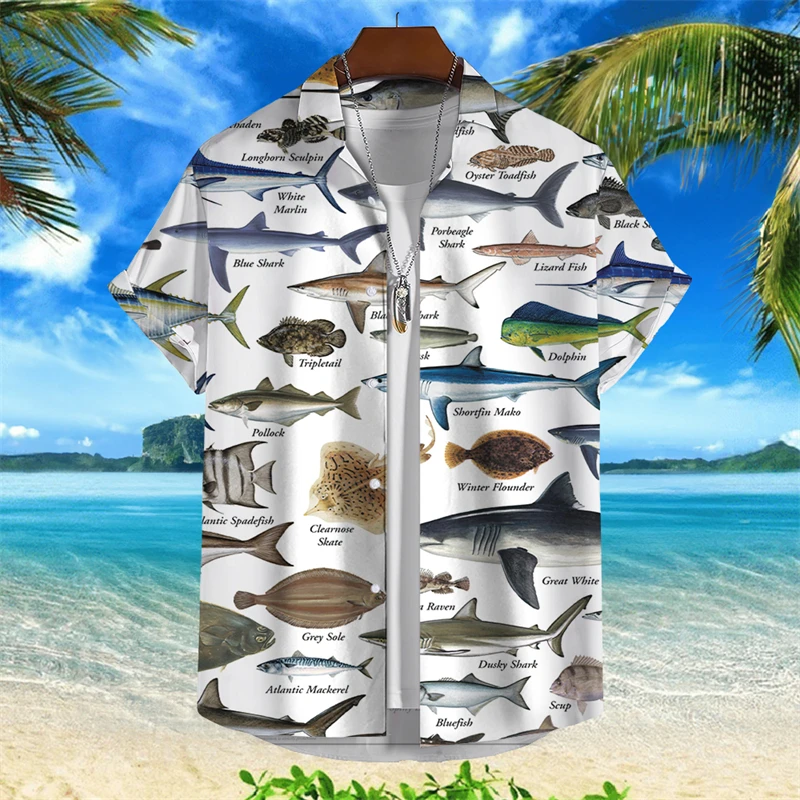 Sea Animal 3d Printed Shirt Men's Harajuku Various Funny Fish Pattern Shirts Hawaiian Street Casual Beach Trendy Button Blouse