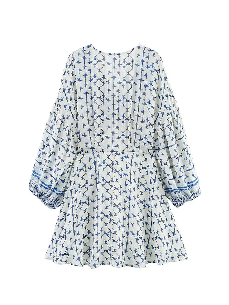 2025 Summer Vintage Casual Chic Women Dress Floral Print V-Neck Long Sleeve Mini Dress New Fashion Holiday Dress