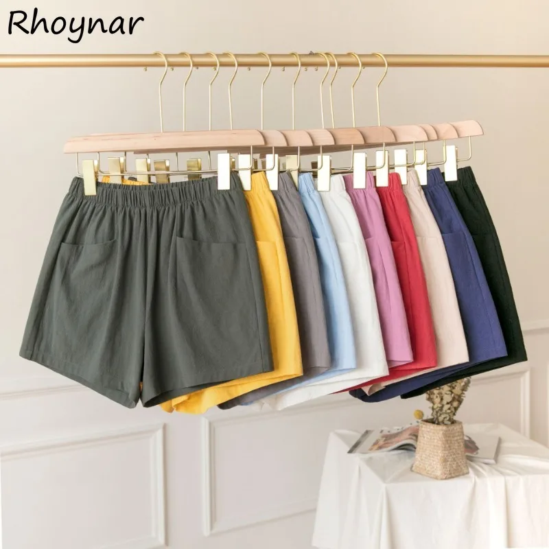 

Solid Shorts Women Elastic Waist Wide Leg Baggy Thin A-line Korean Style Casual All-match High Street College Daily Summer Cozy