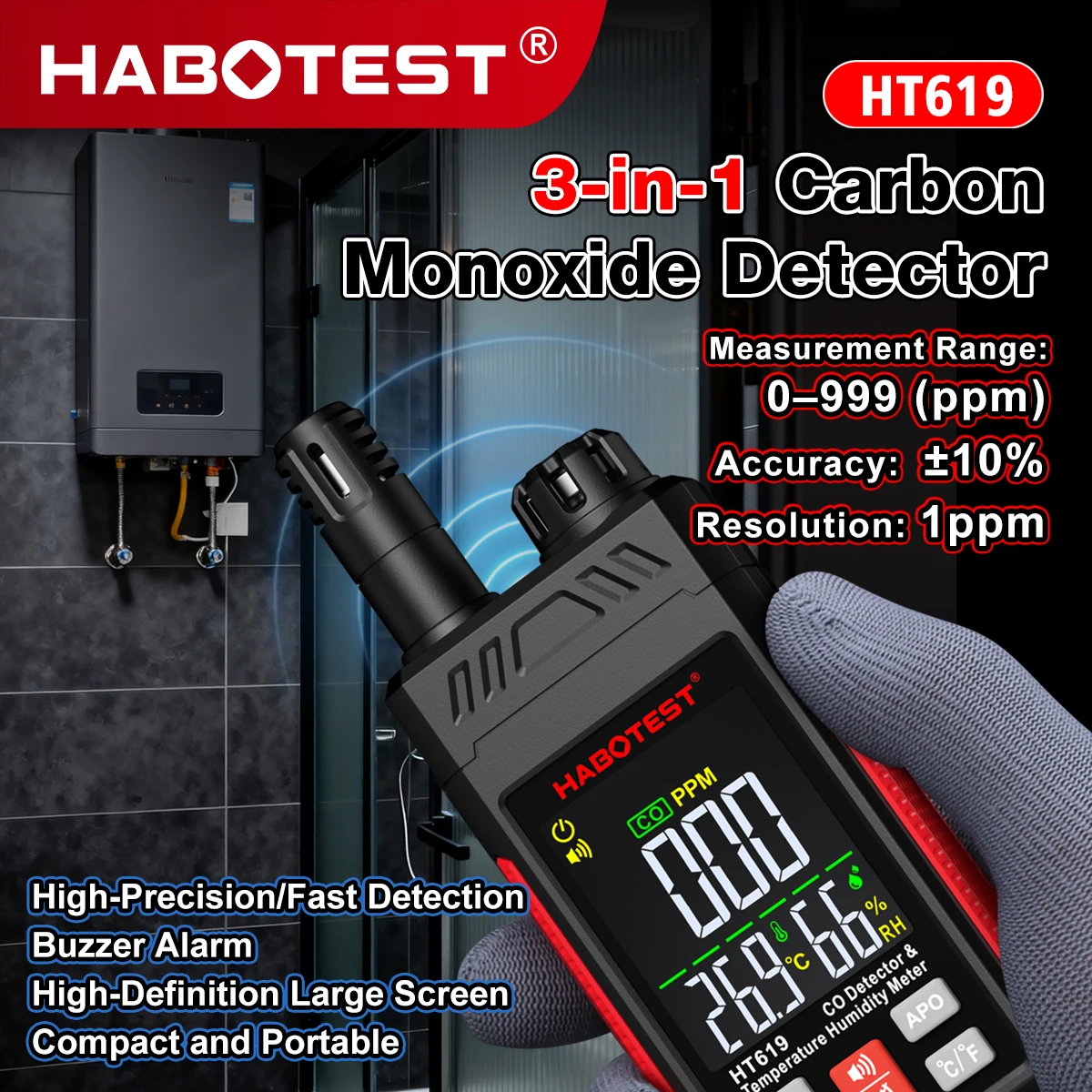 3in1 Carbon Monoxide Detector Temperature/Humidity Detection 999PPM High-Precision CO Gas Tester Portable Carbon Monoxide Meter