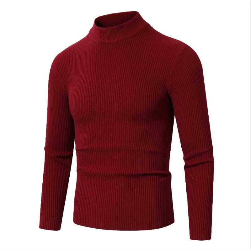 2024 New Men's Semi High Neck Solid Color Elastic Stripe Pullover Warm Autumn and Winter Knitted Oversized Sweater for Men