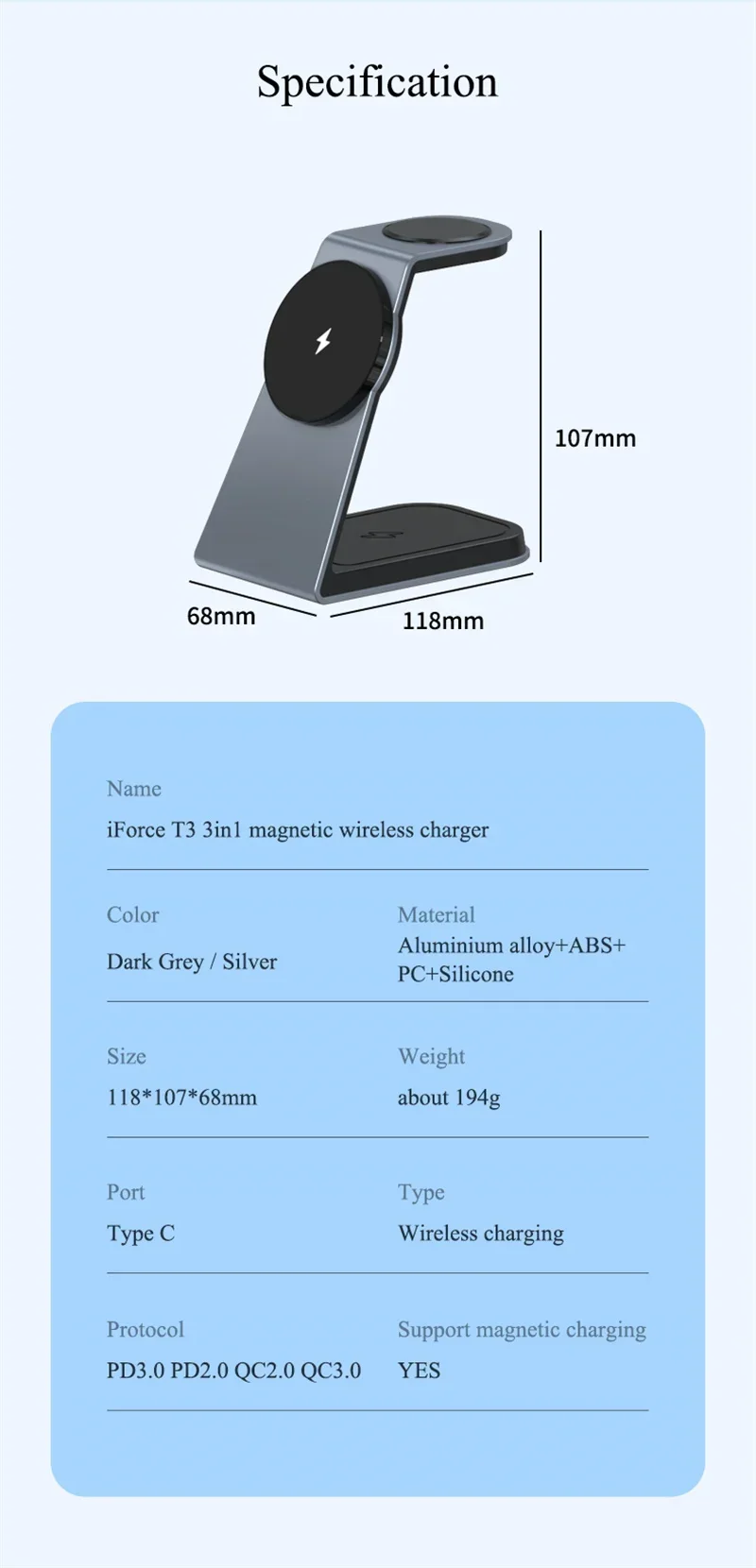 Aluminiumlegierung 3-in-1 Magnetisches Kabelloses Ladegerät Schnelle Ladestation für iPhone 16 15 14 13 Pro Max Apple Watch Airpods – Detail 12