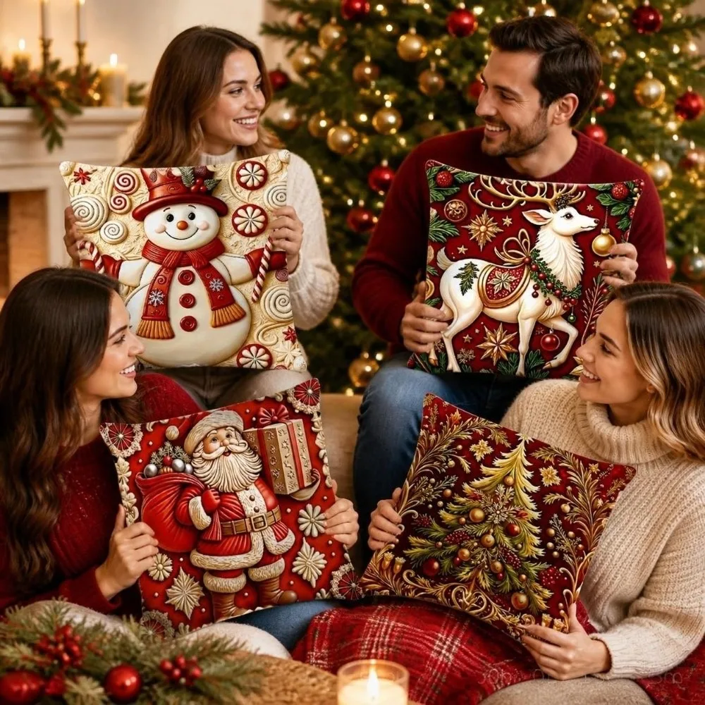 4PCS Santa Claus Christmas Pillow Covers Elk Snowman Holiday Cushion Cover New Year Tree Flower Reindeer Pillowcase Indoor Use