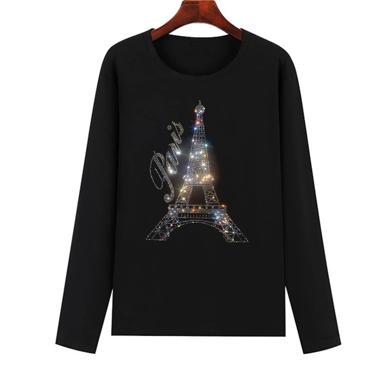 Diamond Eiffel Tower Spring and Autumn long-sleeved Women's T-shirt Hot Diamond Diamond Printing Leisure Ladies T-shirt