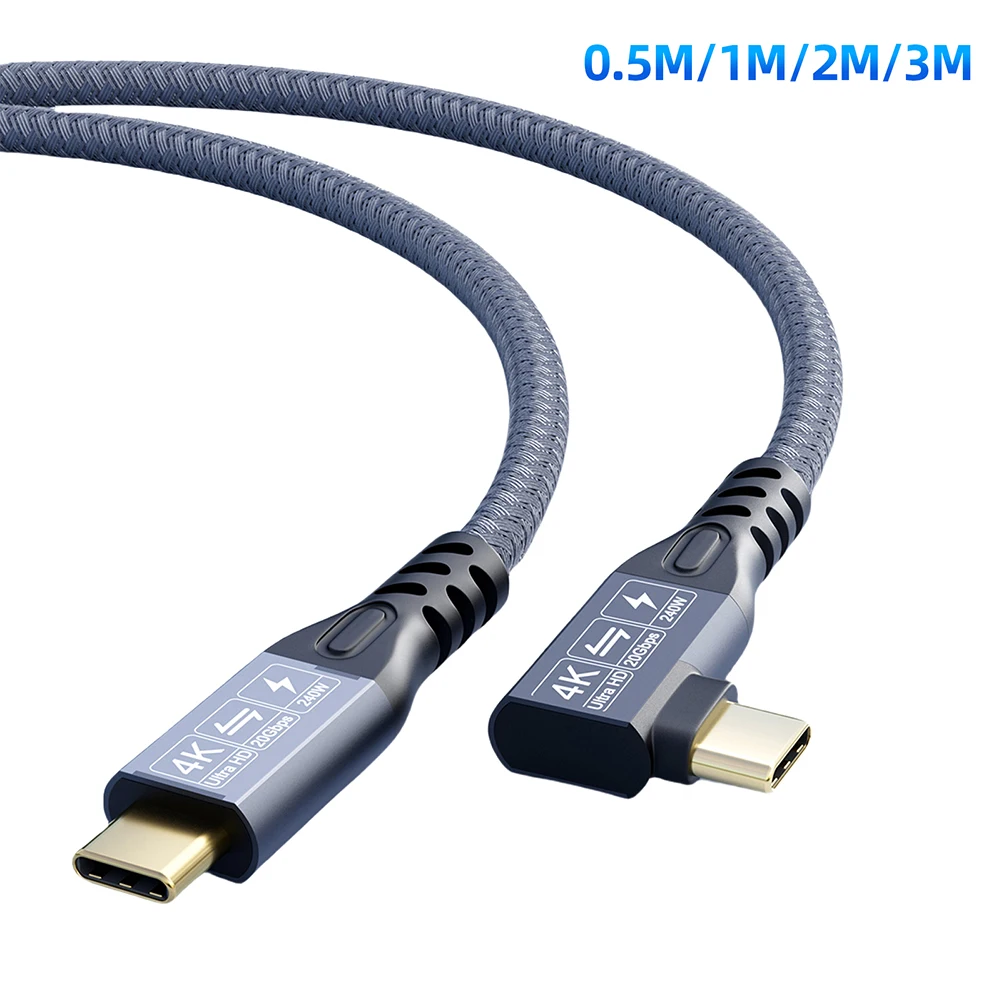 0.5/1/2/3M PD3.1 240W نوع C إلى C كابل الشاحن مضفر الزاوية اليمنى USB3.2 ذكر إلى ذكر آيفون 15 لسامسونج لماك بوك PC