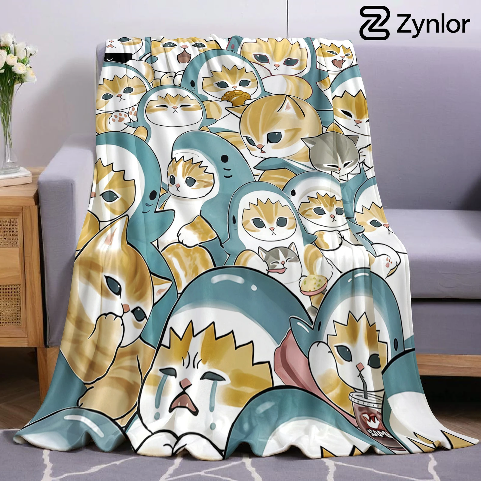 Shark Cat Cute Collage Cartoon Anime Print Flannel Blanket Soft Warm Throw for Kids Bedroom Sofa Bed Christmas Office Car
