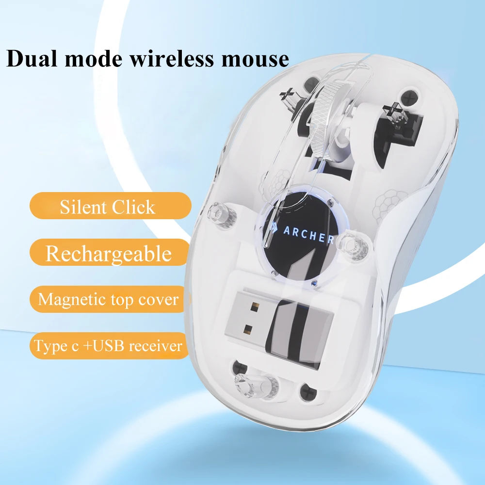 Transparent Dual Model Rechargeable Wireless Mouse with USB and Type-C 2 in 1 Receiver