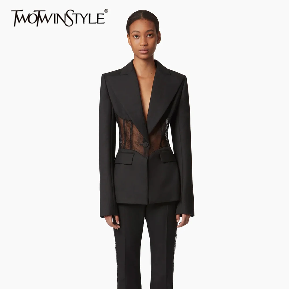 

TWOTWINSTYLE Solid Sheer Spliced Lace Design Sense Blazers for Women Lapel Long Sleeves Temperament Blazer Female Clothing New