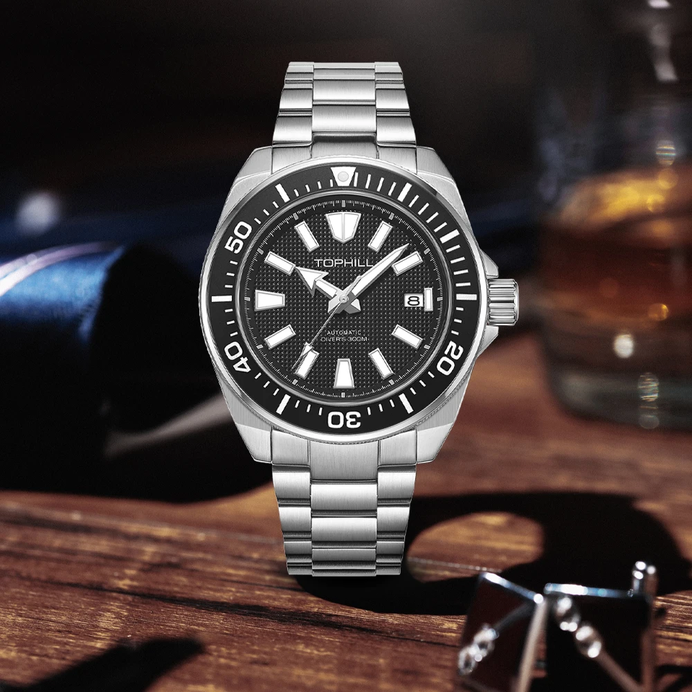 TOPHILL 43.8mm Aluminum Bezel Diving Watch NH35 Automatic Mechanical Watch Waterproof 30Bar Waterproof Sapphire Super Luminous C3 Men's Wristwatches Oil Pressured Waffle Dial 3H Date TD008G