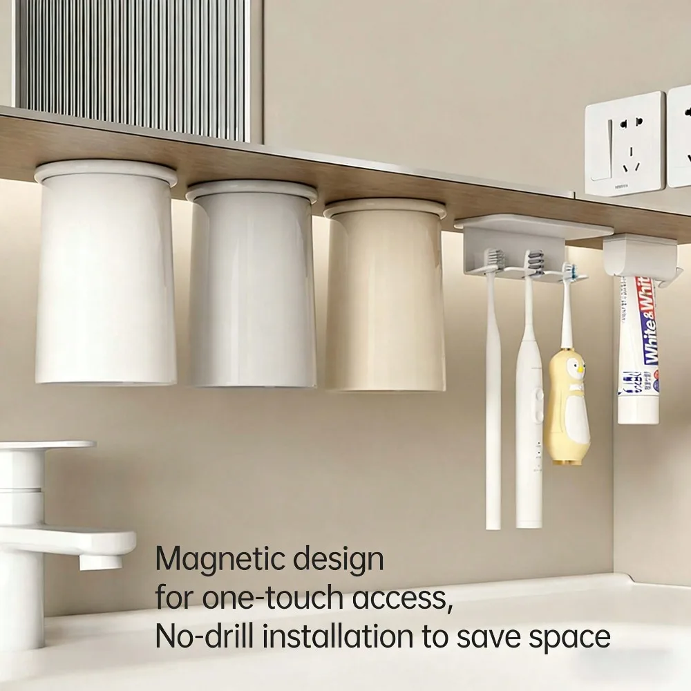 

No Drill Toothbrush Holder, No Drill Razor Holder, Magnetic Toothpaste Clip, Wall-Mounted Bathroom Shelf, Designed With Magnetic Rinse Cup, Convenient Bathroom Storage, Easy To Create A Clean And Tidy Bathroom Space