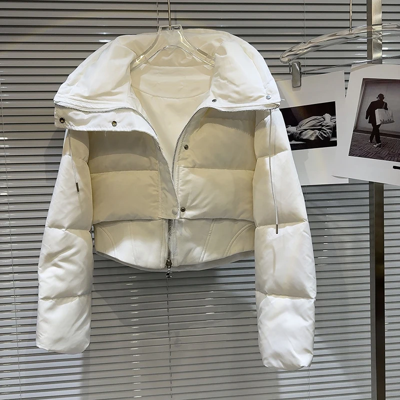 Vrouwen dubbele rits ontwerp gevoel trekkoord hoge hals korte witte eend donsjack 2025, winter nieuwe dikke casual warme jas