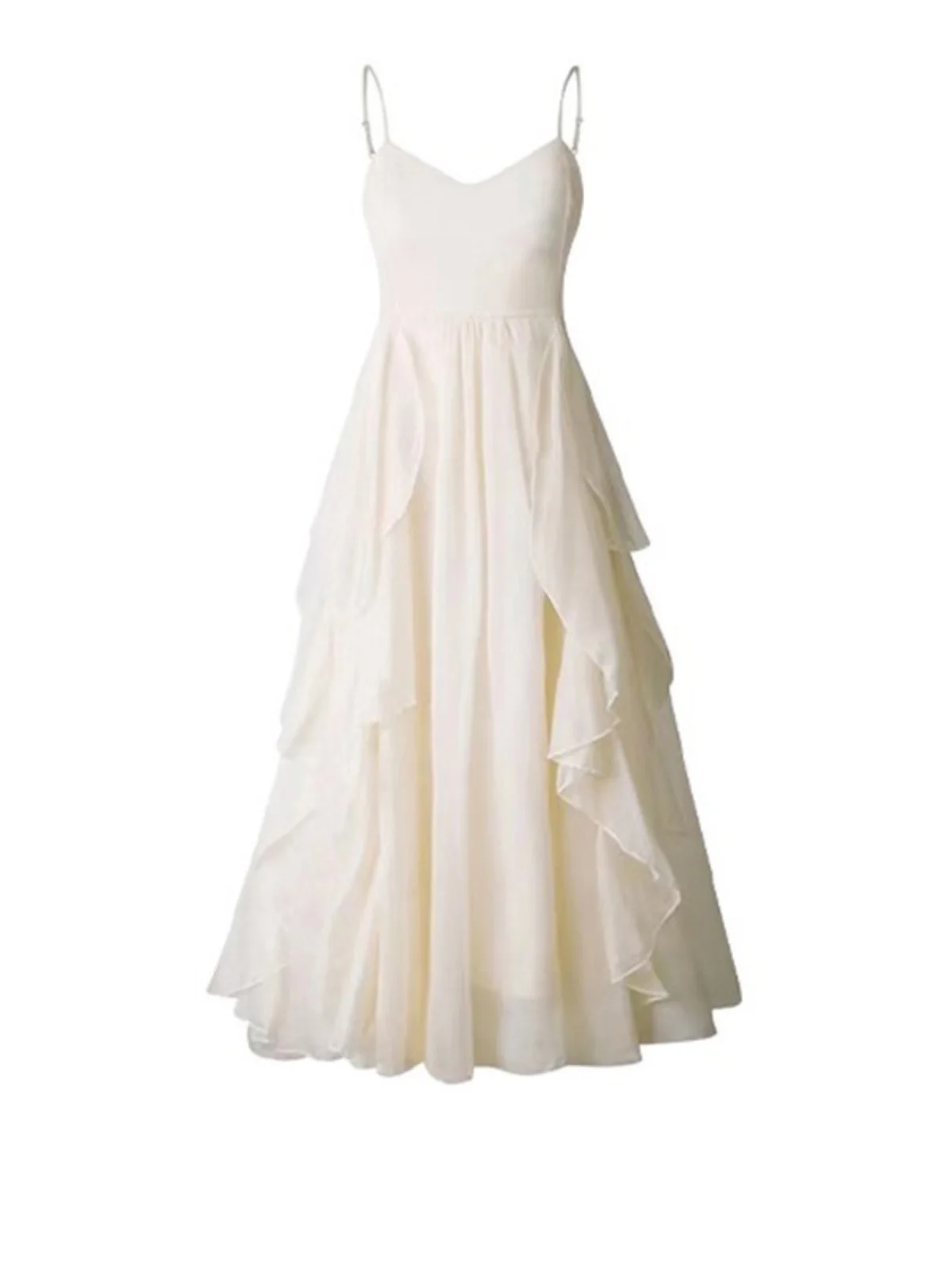 ビーチヴァイオン 美しいシフォンストラップドレス 夏 フェアリーティーロング ホワイトドレス フレンチスレ ハイウエストAラインスカート