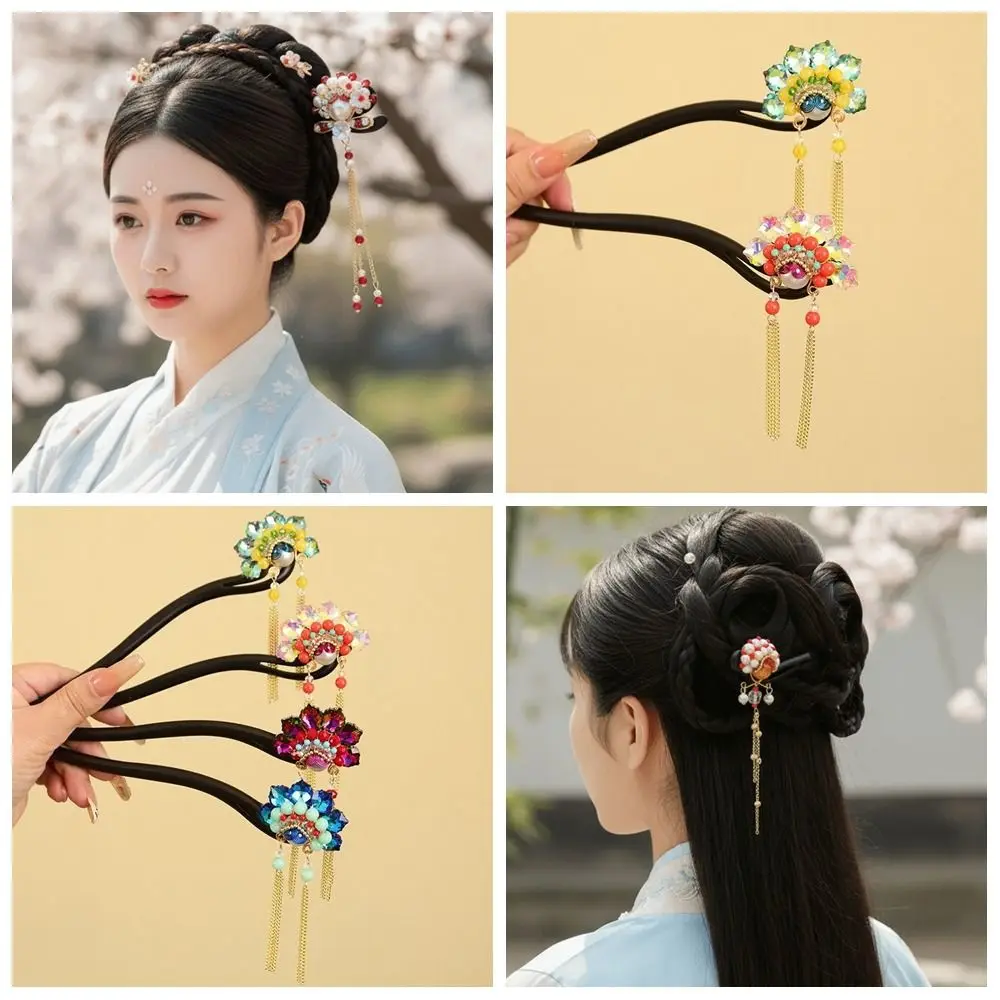 

Classical Tassel New Chinese Style Hair Clip Red Flower Wooden Hair Stick Pearl Antique Horse Face Skirt Headwear Bridal