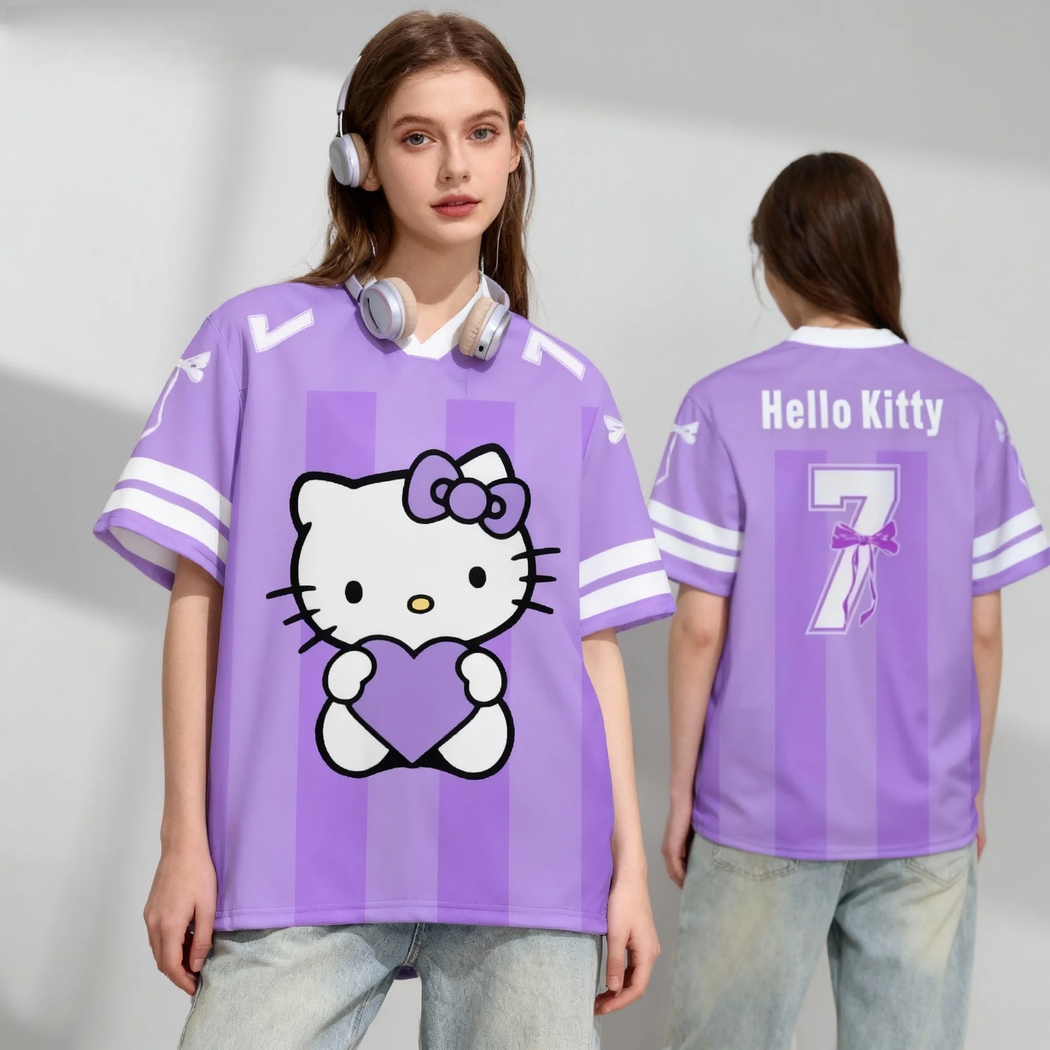 25/26 New Sanrio Hello Kitty No.7 Ball Dress Sweet Cool Summer T-shirt Oversized Women's and Men's Adult Casual Sports T-shirt