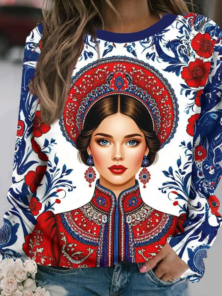Russian Girl Long Sleeve T-Shirts Ethnic Flower 3D Print Women Casual O-Neck T Shirt Pullover Harajuku Tees Tops Female Clothing