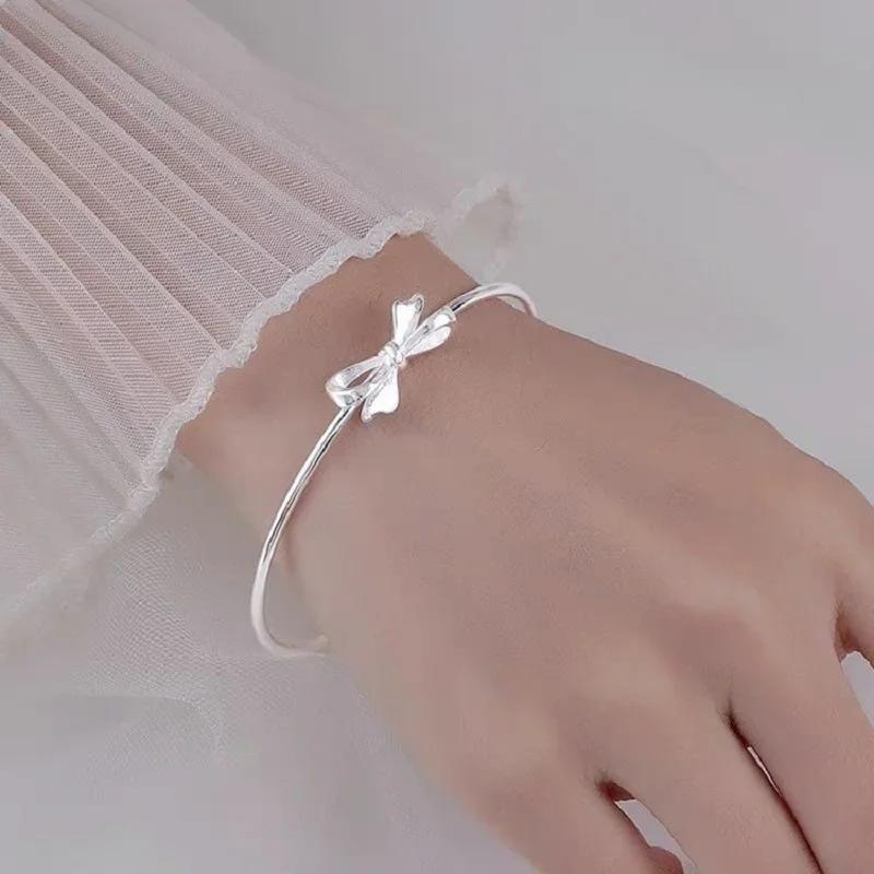 

925 Sterling silver Cute woman romantic bow Bangles for women bracelets fashion party wedding accessories jewelry Holiday gifts