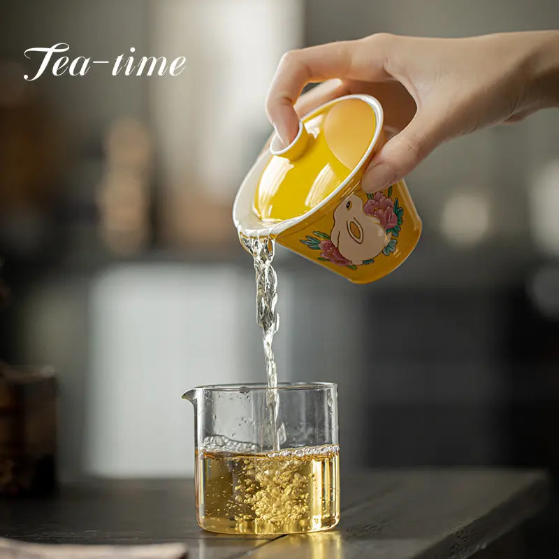 150ML Boutique Keramik Tee Terrine Kreativität Jade Kaninchen Suchen Auf Dem Mond Gaiwan Tee Maker Ercai Tee Tasse Pfingstrose mond Kaninchen