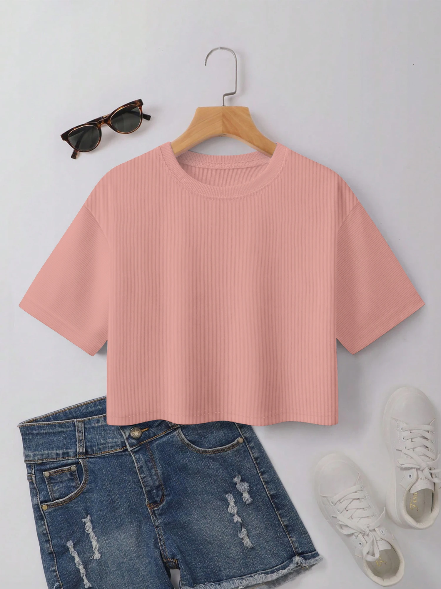 Camiseta de manga corta con cuello redondo para mujer, Tops holgados informales de manga media, Color sólido, ropa de moda, novedad de verano