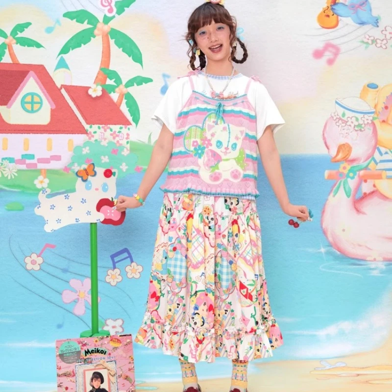 Japanese New Women's Clothing Spring Summer Cartoon Animation Printed Dress Retro Original Lace Splicing Versatile Skirts Ladies
