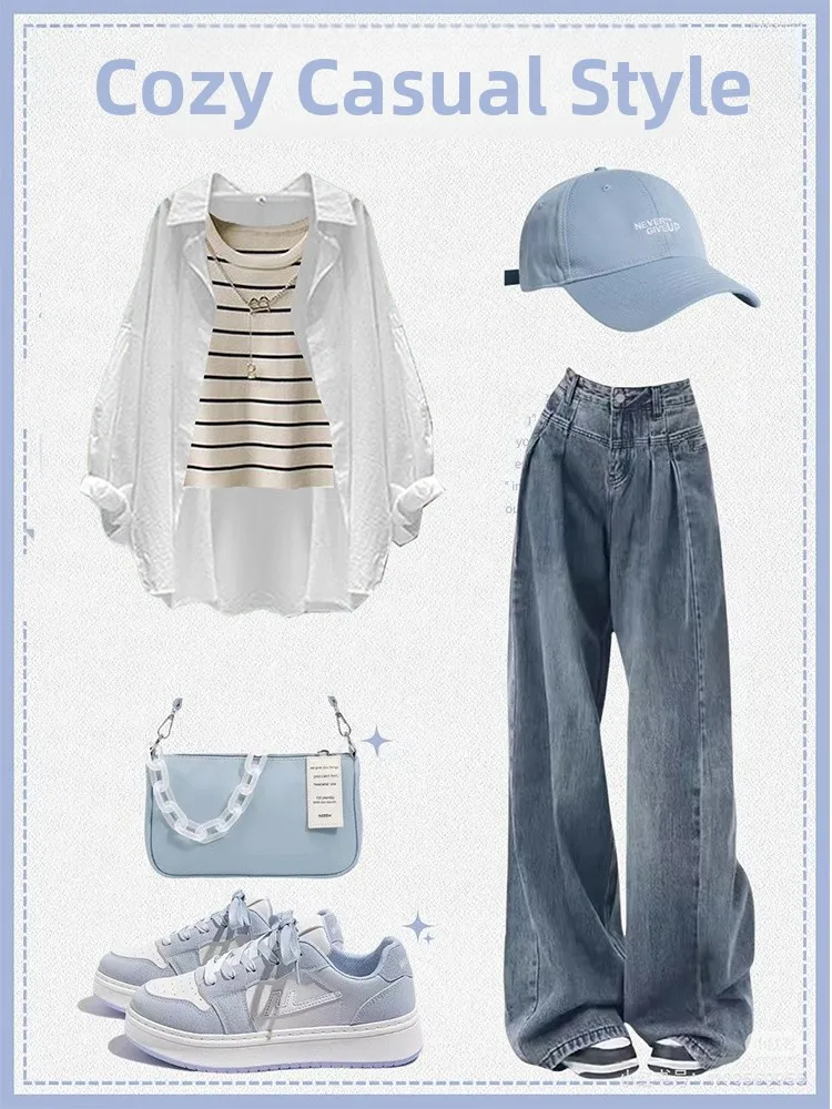 

Lazy Style Fashion Set Autumn New Stripe Vest Sun Protection Shirt with Wide Leg Jeans Three Piece Set Long Sleeve Neck