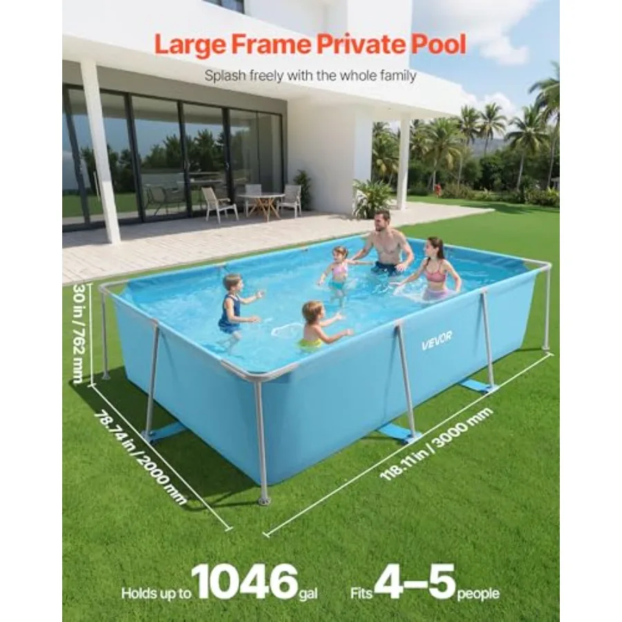 Frame Above Ground Swimming Pool, 118 x 78 x 30 in Rectangular Steel Metal Frame, Large Rectangle Outdoor Backyard Family Pool,