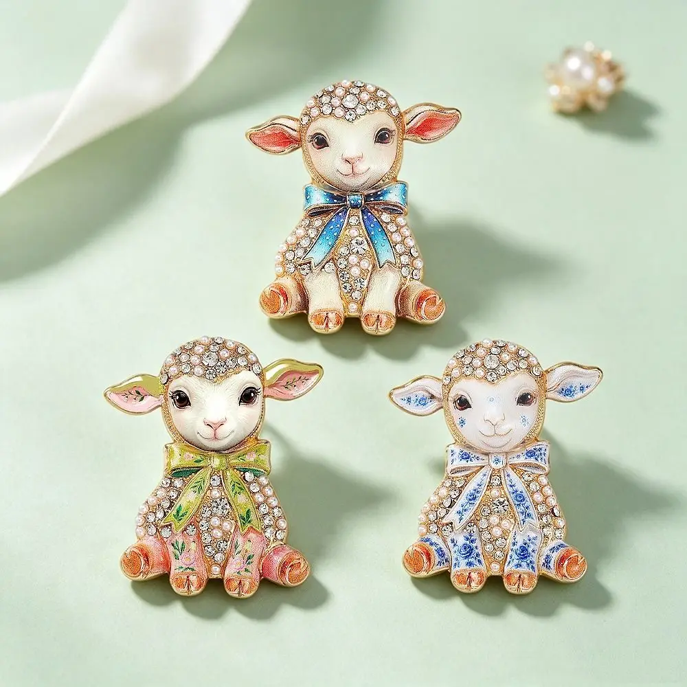 Cute Alloy Brooch Bowknot Sheep Shape Decor Pin Rhinestone Decor Pearl Inlaid Metal Pin Garment Ornament