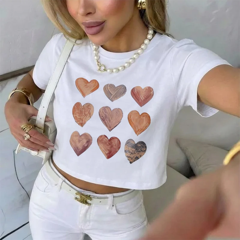Women's Nine Heart Print Crop Tops Graphic Sexy Cropped T Shirt 90s Summer Crew Neck Short Sleeve T-shirt Clothes Girls Ladies