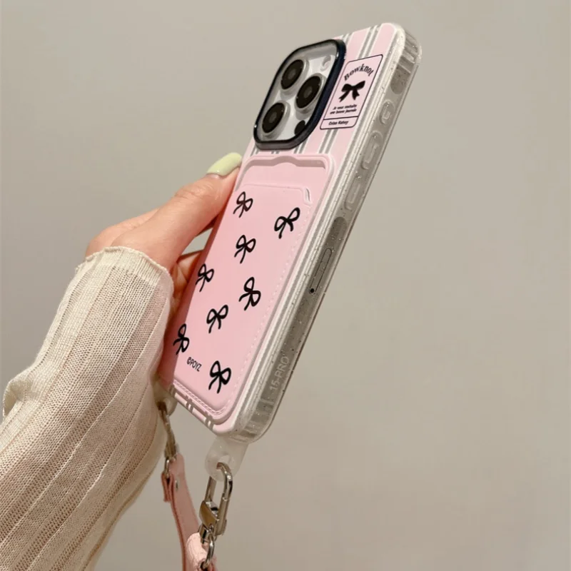 Card bag transparent hollow striped black bow phone case For iPhone 11 12 13 14 15 16 pro max