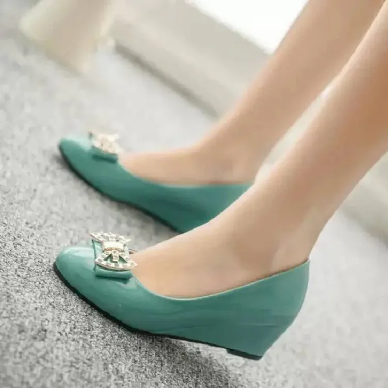 zapatos de mujer women casual green patent leather spring slip on wedge heel shoes lady leisure comfort office work pumps b681