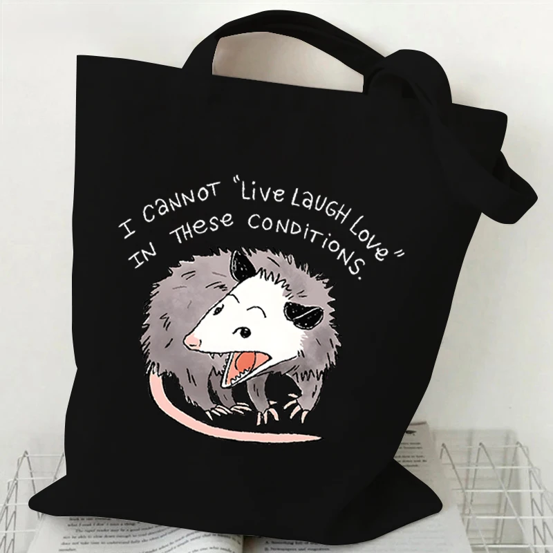 Animals Opossum Shopping Bags Women Canvas Tote Bags Opossum Live Laugh Love Shoulder Bags Harajuku Animals Women's Handbags