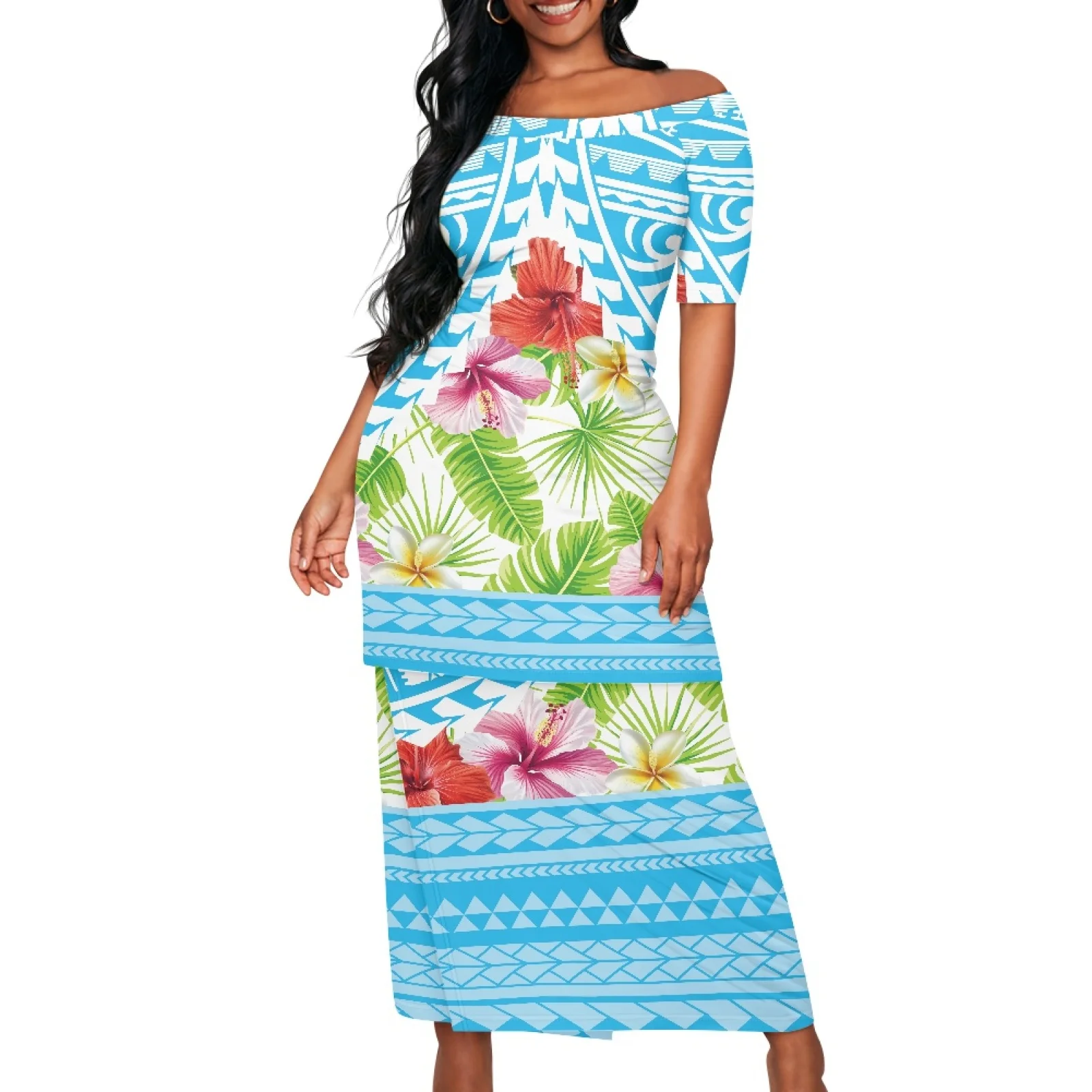 Ensemble de tatouage deux pièces pour femme, totem tribal fidjien, style île d'été, col rond, manches courtes, jupe haut, cadeau