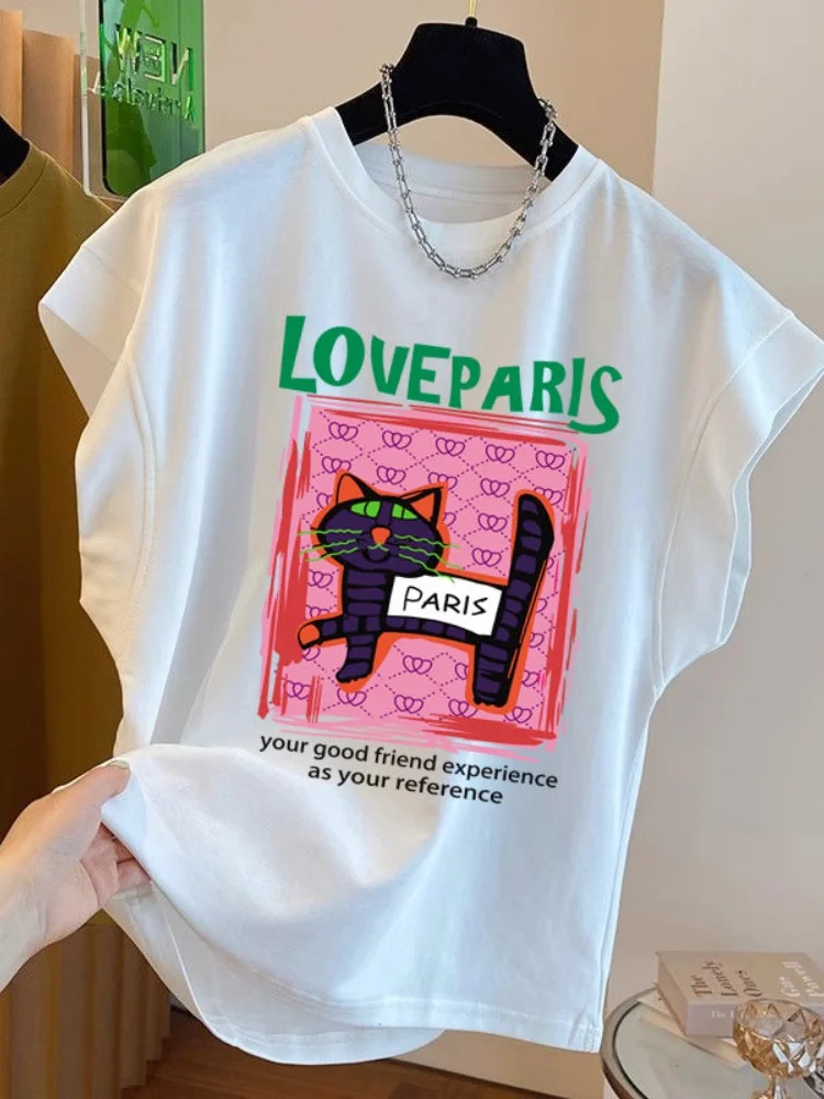 Pure Cotton Flying Sleeve Unique T Shirts Cute Cats Designer Women's Summer  Width Regular Korean Sle Casual Top
