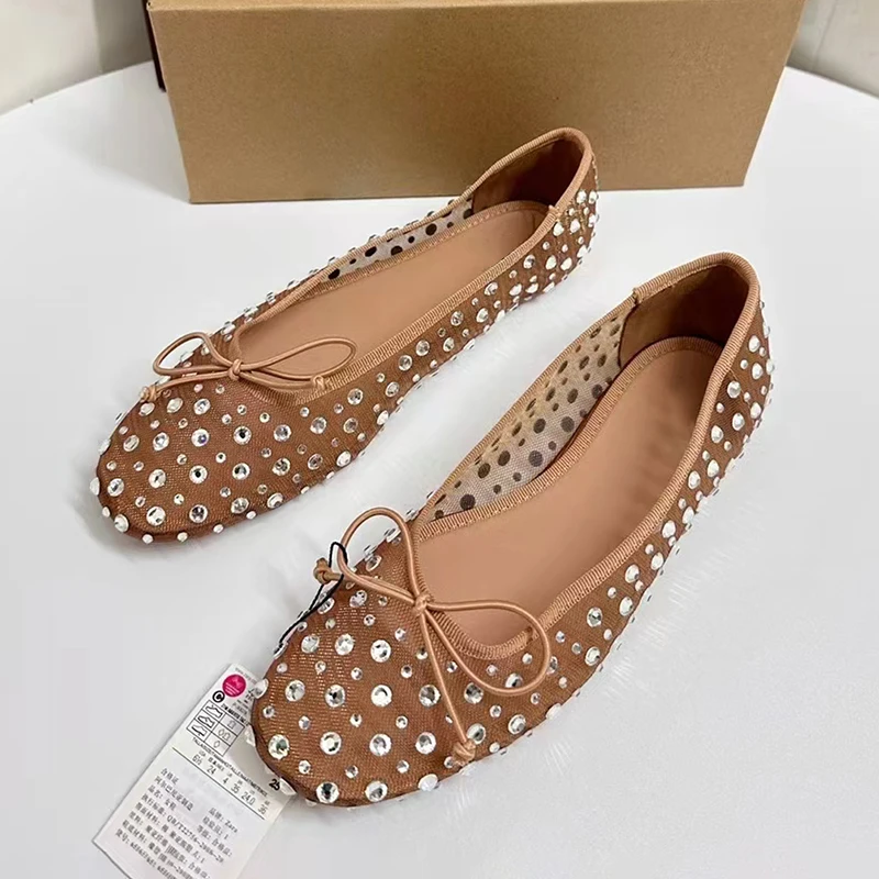 TRAF Metal Dots Breathable Mesh Boat Shoe Sandals Women Round Head Shallow Mouth Flat Shoes Bow Knoit Flated Sandal For Woman