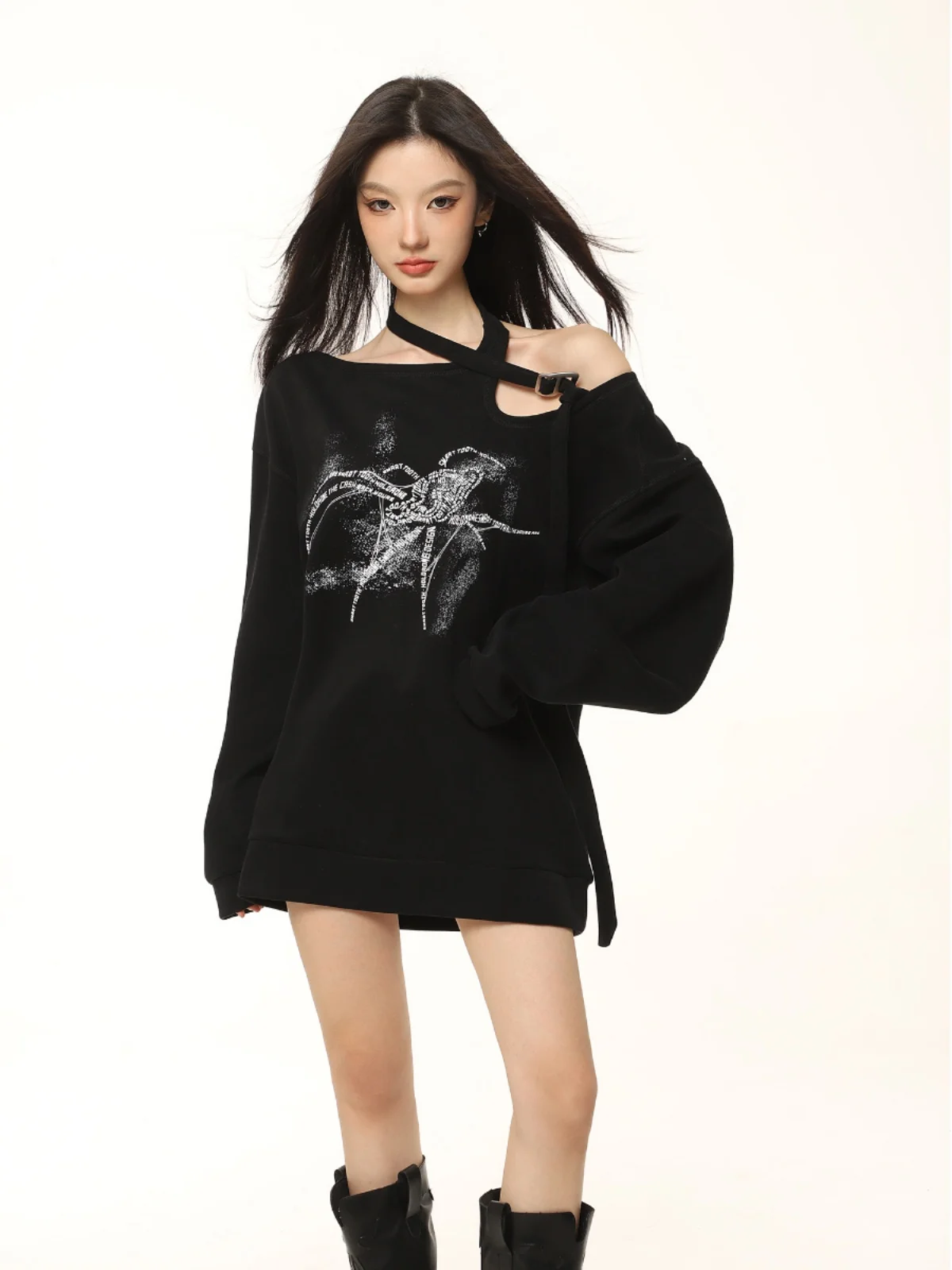 2024 New Korean Woman Hoodies Sweatshits Long Sleeve O-Neck Off Shoulder Vintage Letter Printed Irregular Pullover Casual Tops