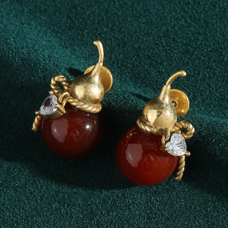 

Vintage Red Agate Gourd Earrings Woman Chinese Style Gold Color Elegant Luxury Quality Jewelry Designer Daily Special Occasions