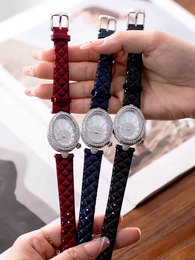 Top Luxury Women Designer Watch Blue Leather Oval Waterproof Exquisite Quartz Handwatch Girl Vintage Top Brand Ladies Wristwatch