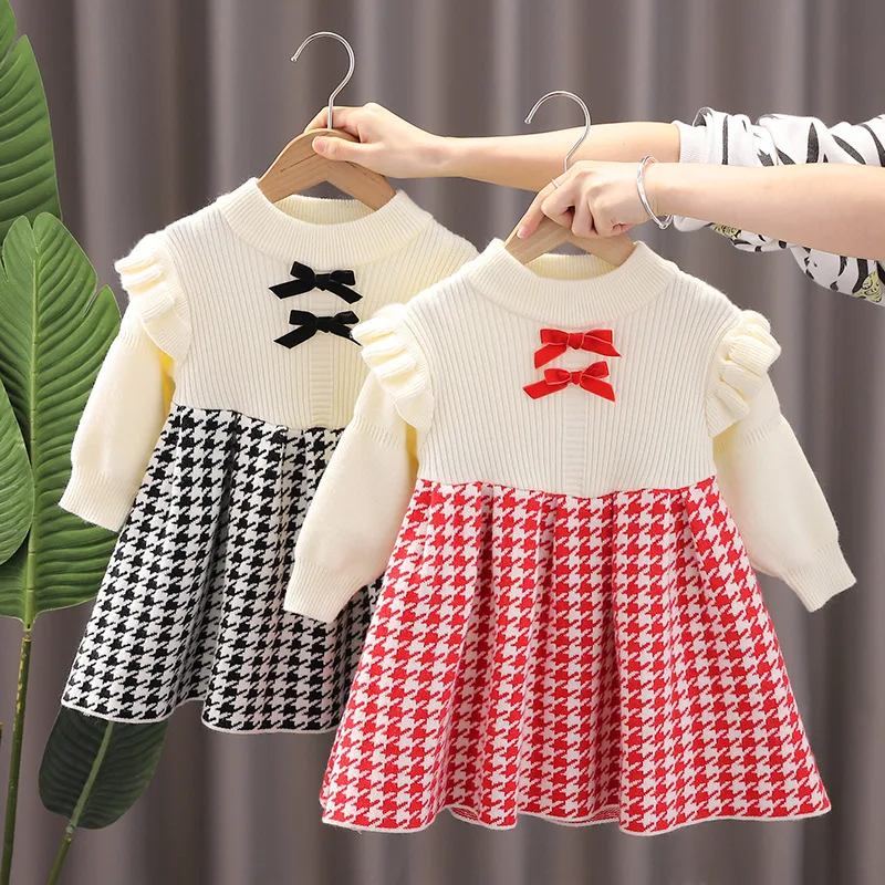 

Осенне-зимнее трикотажное платье для девочек с бантом и длинными рукавами, платье для маленьких девочек, клетчатый свитер с рюшами для маленьких девочек, платье принцессы