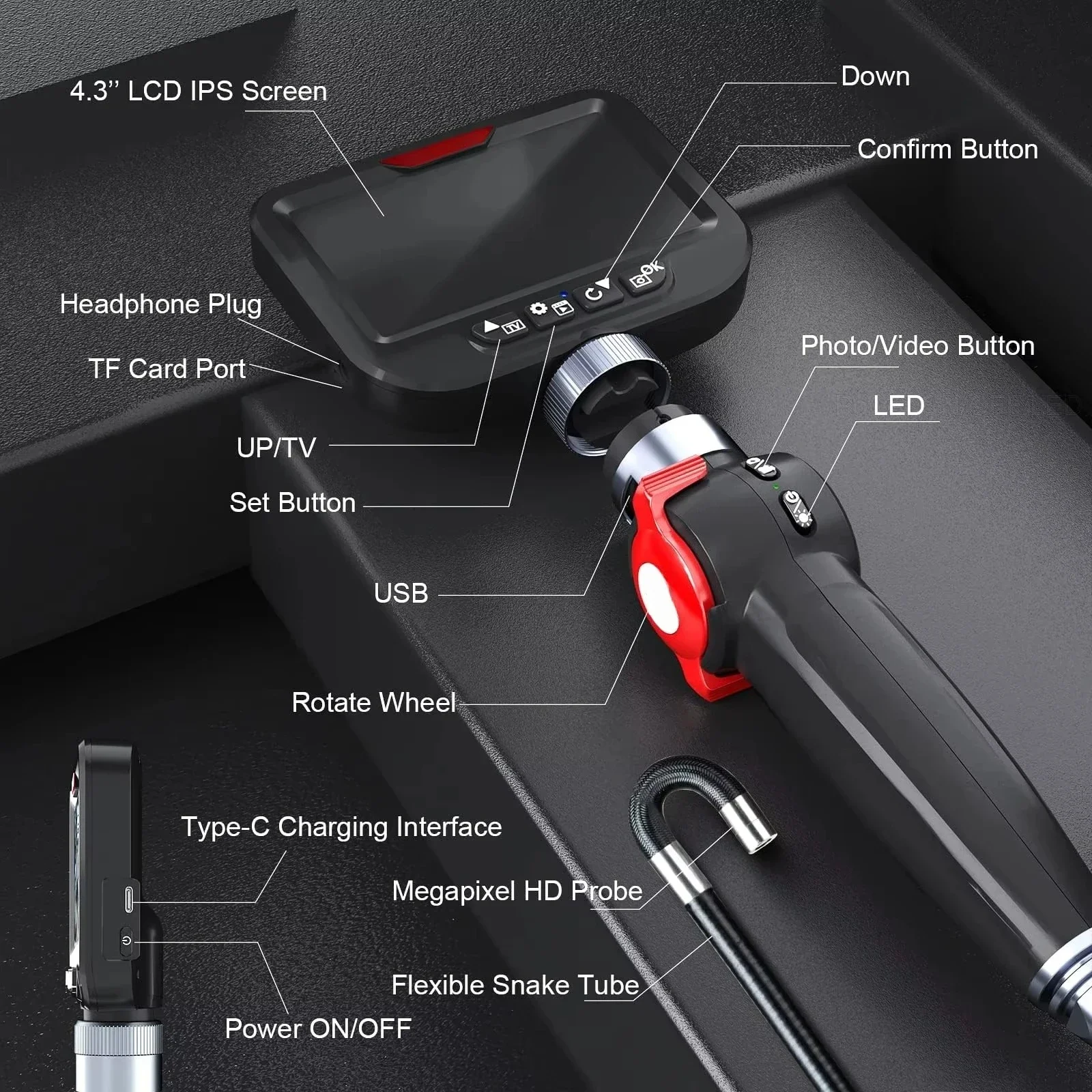 H406B HD industrial endoscope, 360 degree rotating probe, suitable for automotive engine inspection, 6.2mm IP67 waterproof