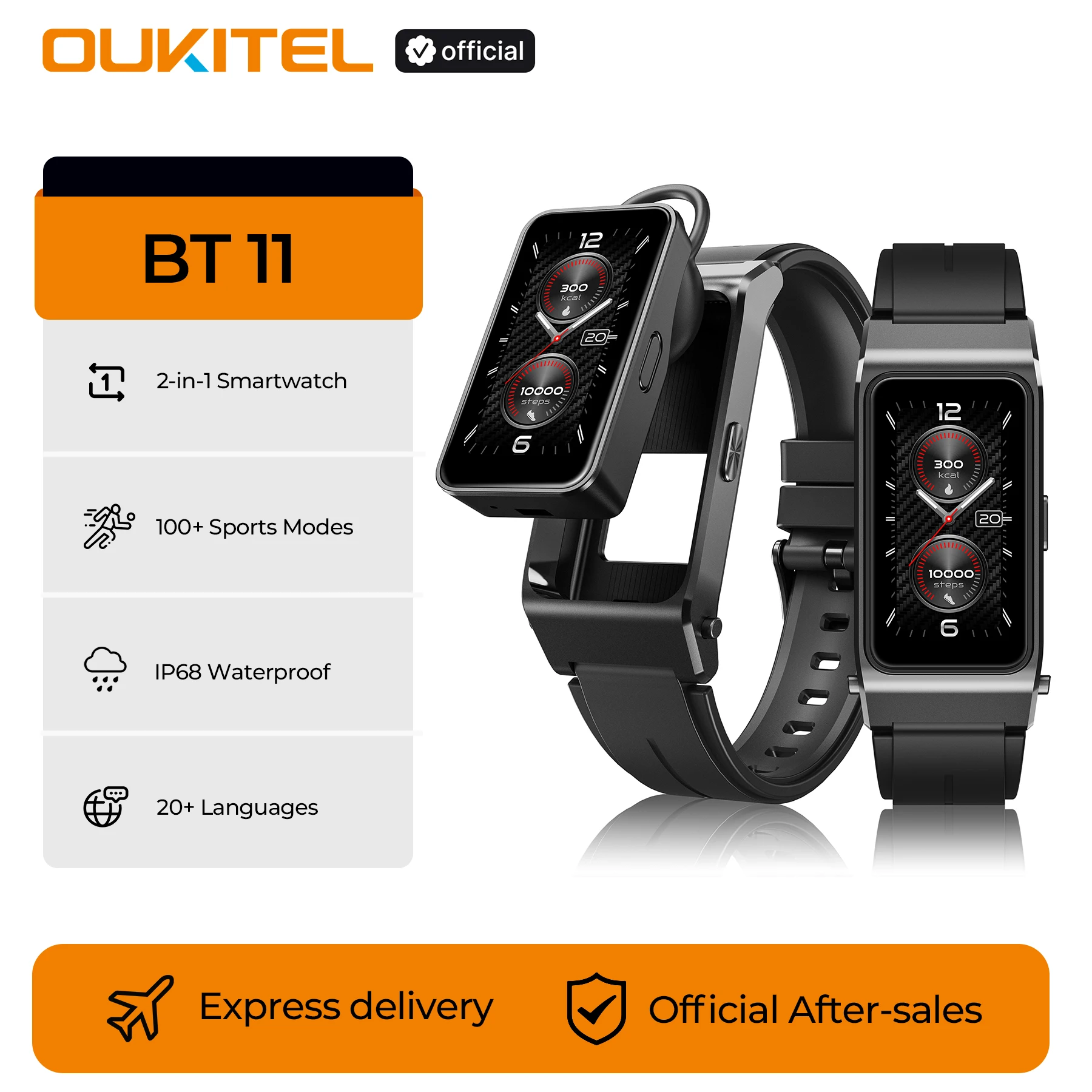 OUKITEL BT11 SmartWatch Bluetooth-гарнитура 2-в-1, 24-часовой мониторинг здоровья, AMOLED-дисплей 1,47 дюйма, водонепроницаемые спортивные часы для фитнеса