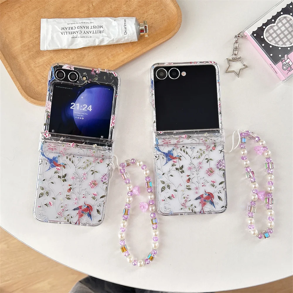 Vintage Garden Bird Floral Printed Clear Phone Case for Samsung Galaxy Z Flip 7-3 Pearl Crystal Bead Strap Protective Cover