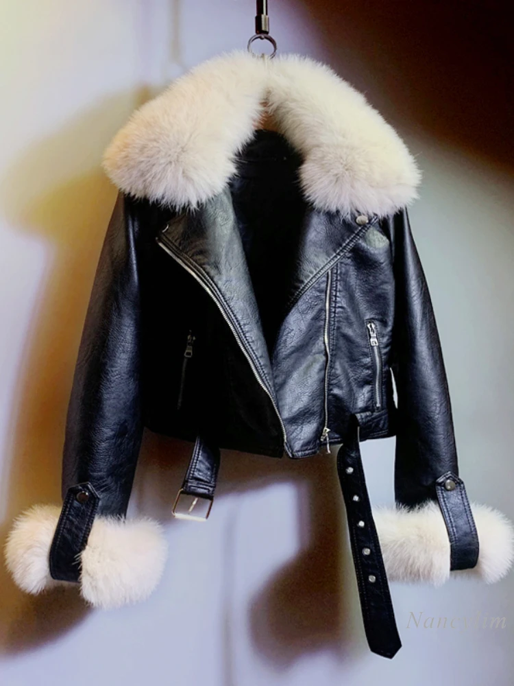 

Temperament Fur Leather Jacket Women 2023 Autumn and Winter New Real Fox Fur Slim Handsome Pu Motorcycle Leather Coat Street