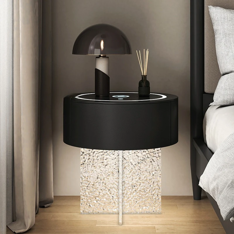 Smart three-color light wireless charging bedside table acrylic stone pattern Italian minimalist style solid wood bedroom