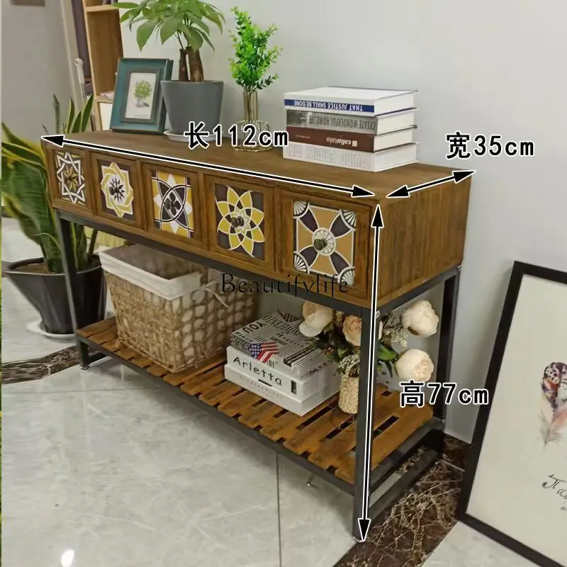 Retro Iron Art Bucket Storage Locker Solid Wood Long Table Entrance Cabinet Storage Rack