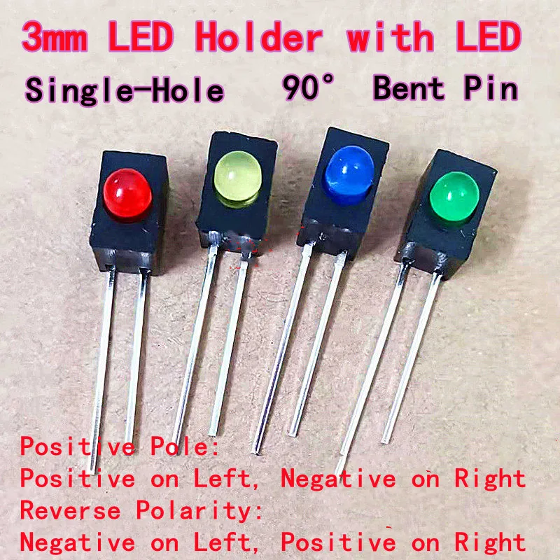 20pcs 100pcs 3mm LED Holder with LED, Single-Hole, F3 LED Chip (Red/Green/Blue/Yellow), Black Square Base, 90° Bent Pin