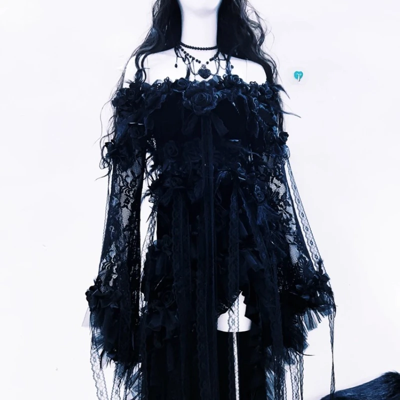 Original Design Gothic Lace Off-Shoulder Tube Top Long Dress Punk Retro Autumn Halloween Dark Waist Cincher Long Dresses Ladies