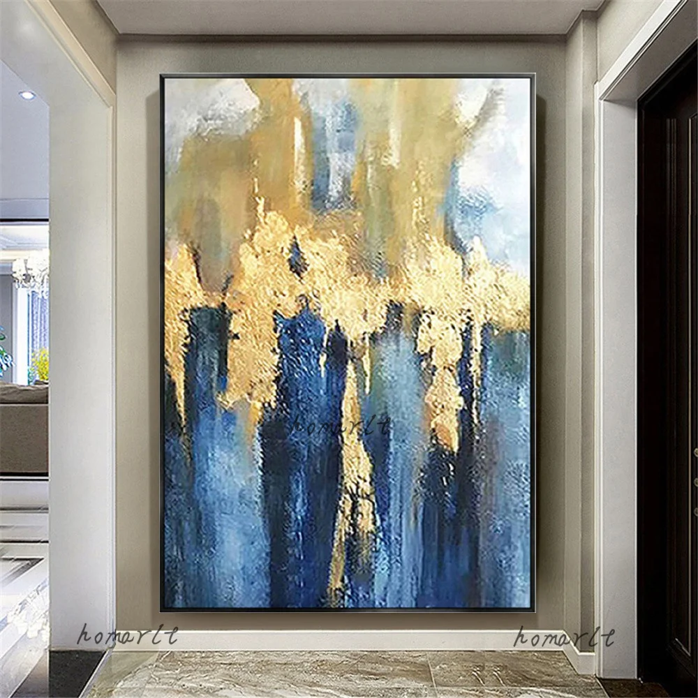 Handmade Abstract Oil Painting Large Wall Art Picture Gold Blue Canvas Poster Hand-Painted Modern Drawing For Living Room Decor