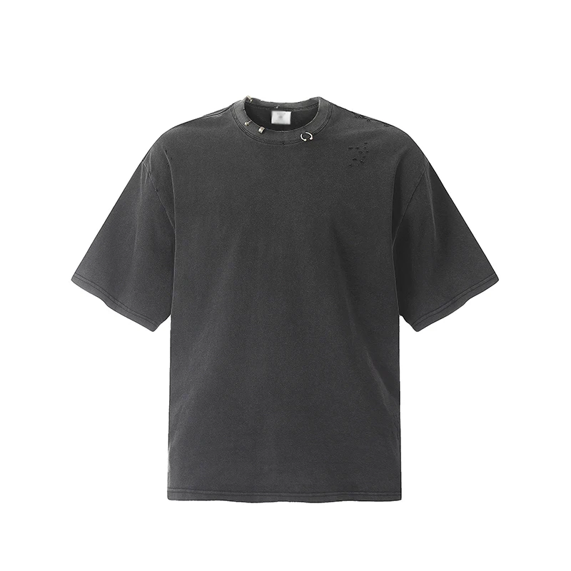2025 Summer New Washed and Old Small Rivets Design Short-sleeved T-shirt Fashionable Trendy Men's Round Neck Skin-friendly  Top