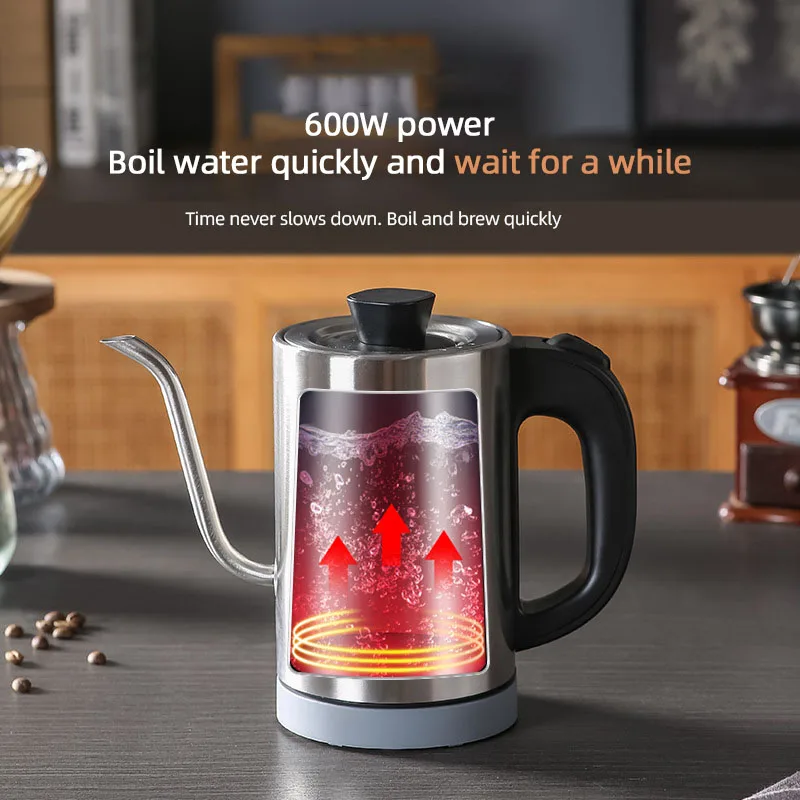 Chaleira elétrica pescoço de ganso 800ml, bule de café manual, pote de aço inoxidável 304, chaleira de água fervente com um clique, chaleira doméstica