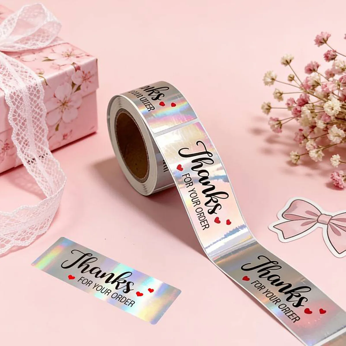 120Pcs Rectangle Thank You For Your Order Stickers Roll Rainbow Laser Labels for Small Business Packaging