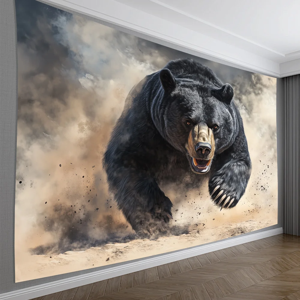 Majestic Black Bear in Motion Wall Tapestry for Living Room Decor, Featuring a Powerful and Dynamic Illustration of a Fierce
